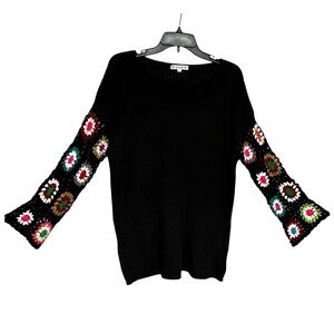 Black Blakeley Sweater W/Floral Granny Square Crocheted Bell Sleeve Sweater S/M